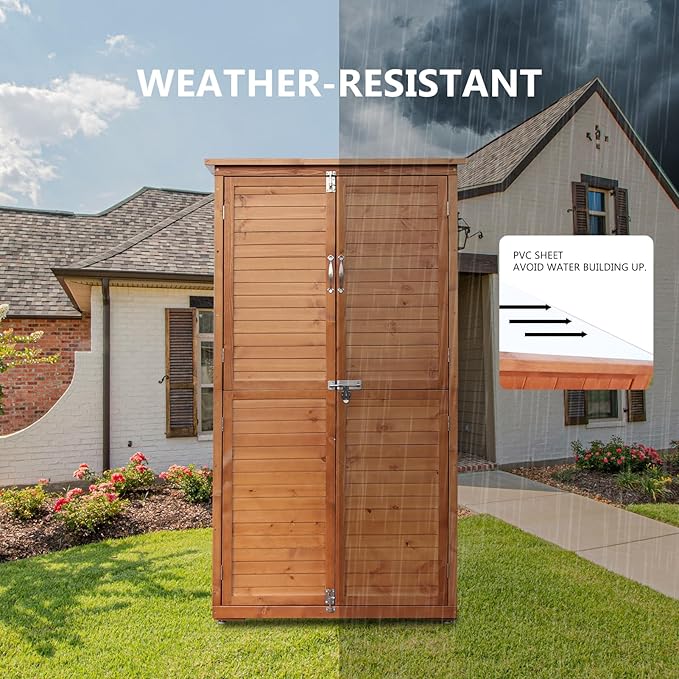 Outdoor Storage Cabinet, Wood Garden Shed, Pool Storage Shed with Lockable Door, Waterproof Roof and 2 Removable Shelves, Vertical Outside Storage Shed for Patio, Backyard and Lawn, Oak Brown