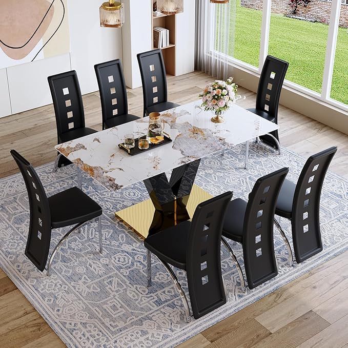 71'' Dining Table Set for 8,Rectangular Dining Room Table Set for 8,Marble Dining Table with 8 PU Leather Dining Chairs,Gold Dining Room Table with Glossy V-Shaped Base Ideal for Kitchen