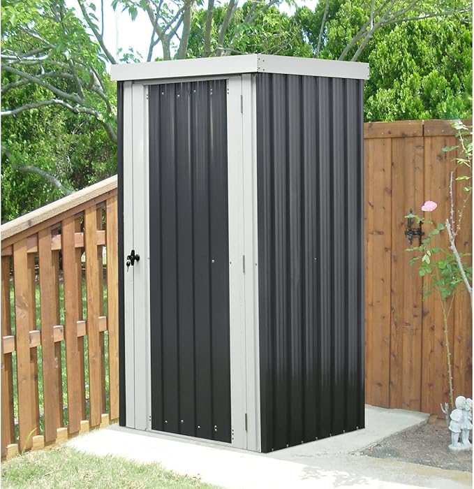 Hanover Galvanized Steel Single Door Patio Storage Shed for Garden Tools with Twist Lock and Key Security, 2 Tool Hooks (3'x3'x6') Dark Gray, White Rust Resistant Outdoor Storage for Yard Supplies