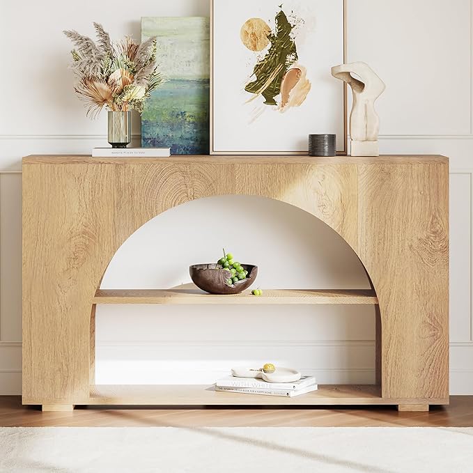 Sofa Console Table with Storage, 55" Farmhouse 3-Tier Hallway Wood Table for Living Room, Hallway, Foyer, Natural Wood