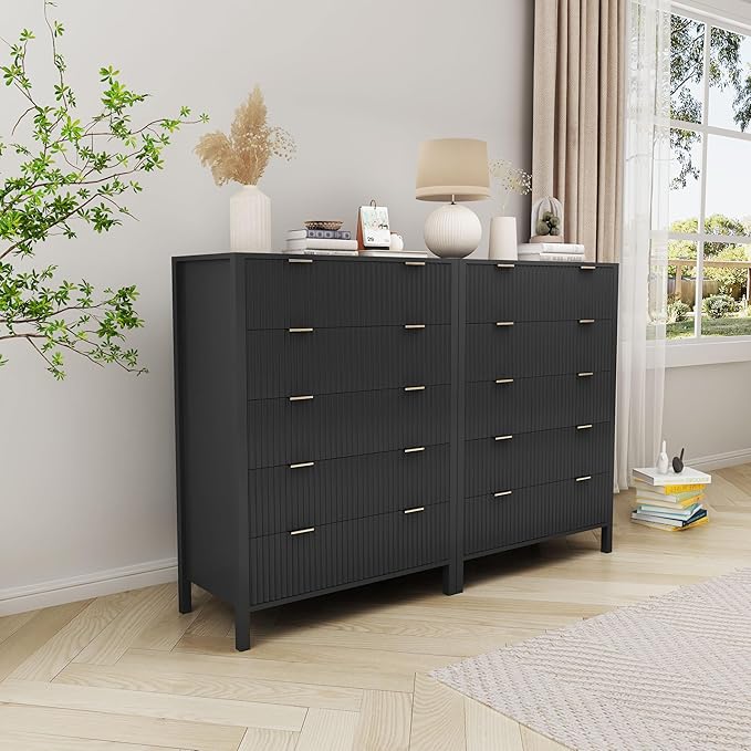 Fluted 5 Drawer Tall Dresser for Bedroom, Mid Century Modern Nightstand with Drawers, Tall Bedside Table for Closet Cloth, Living Room End Table with Storage for Dorm -Black