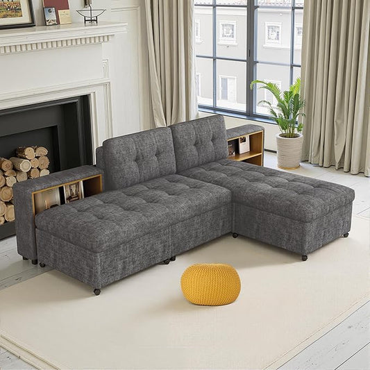 121.2" Sectional Couch, Versatile Sofa Bed Modular Sofa with Two Storage Racks, Sectional Couches for Living Room and Office, Dark Grey