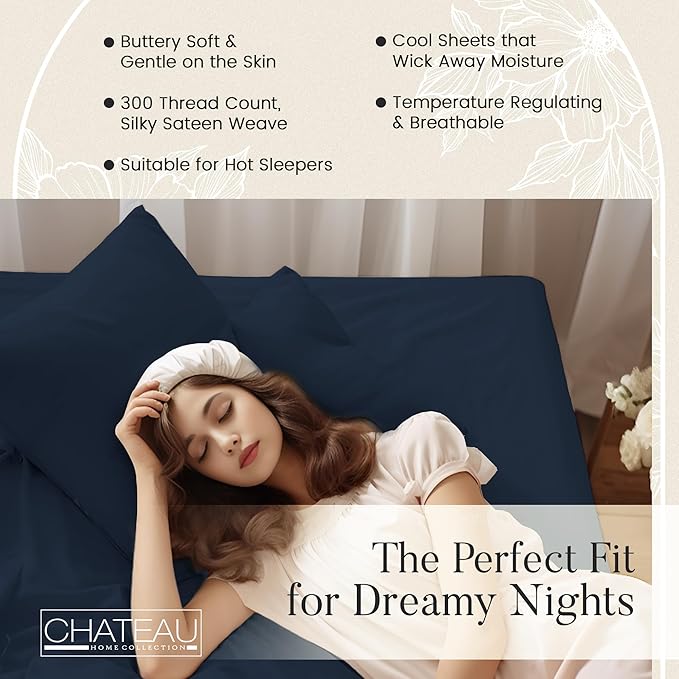 100% Organic Cotton Sheets Queen Size Set, 300 TC Deep Pocket Queen Sheets Set, Soft Breathable Sateen Weave 4 PC Elasticated Sheet & Pillowcase Sets, No Pill & Shrink, Fade Resistant- navy