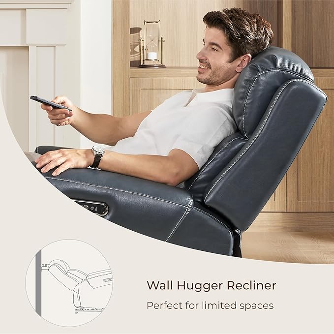 CHITA Genuine Leather Power Recliner Chair for Adults, Electric Wall Hugger Recliner with Adjustable Power Headrest & USB/Type-C Ports, Compact for Small Spaces & Living Rooms, Navy Blue