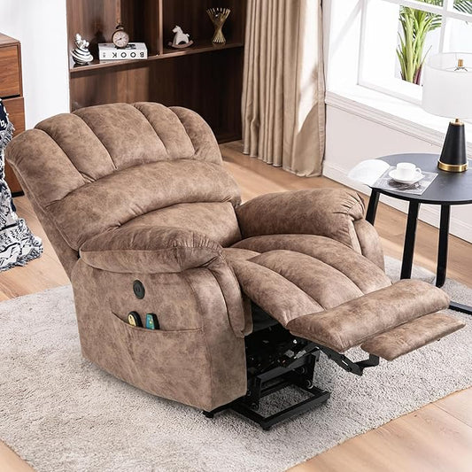 MEETWARM Large Power Lift Electric Recliner Chair with Extended Footrest for Elderly, Big and Tall Lift Chair for Seniors Reclining Chair for Living Room with Massage and Heated,USB Ports(Plush-Brown)
