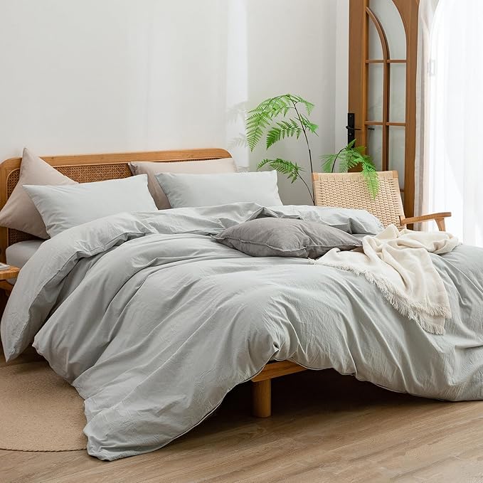 BESTOUCH Duvet Cover Set 100% Washed Cotton Linen Feel Super Soft Comfortable Chic Lightweight 3 PCs Home Bedding Set Solid Northern Droplet Grey Oversized Full