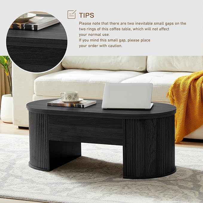 QHITTY Fluted Coffee Table with Lifting Top, Oval Wood Lift Top Coffee Table with Hidden Compartment, Mid Century Pull up Center Tables for Living Room, Office - Black