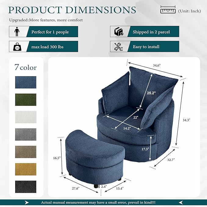 Swivel Accent Chair with Ottoman Comfy Reading Chairs for Bedroom Modern Corduroy Arm Chair 360°Swivel Barrel Chairs for Living Room,Apartment (Blue, 2)