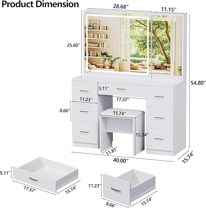 Vanity Desk with Mirror and Lights, Large Storage Makeup Vanity with 7 Drawers, White Vanity Desk Table with Side Glass Cabinet, Adjustable Brightness Vanity Set with Stool for Dressing Room