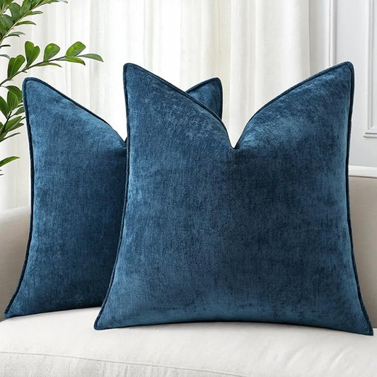 decorUhome Couch Throw Pillow Covers 24x24 Set of 2, Decorative Soft Euro Neutral Chenille Pillow Covers with Elegant Design for Sofa Bed Living Room Home Decor, Poseidon