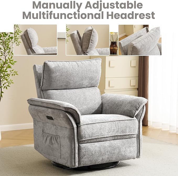 Oversized Power Recliner Chairs for Adults with Massage and Heat, Power Swivel Rocker Recliner Chair with Adjustable Headrest, 26" Extra Wide Rocker Nursery Recliner with USB Port, Light Grey