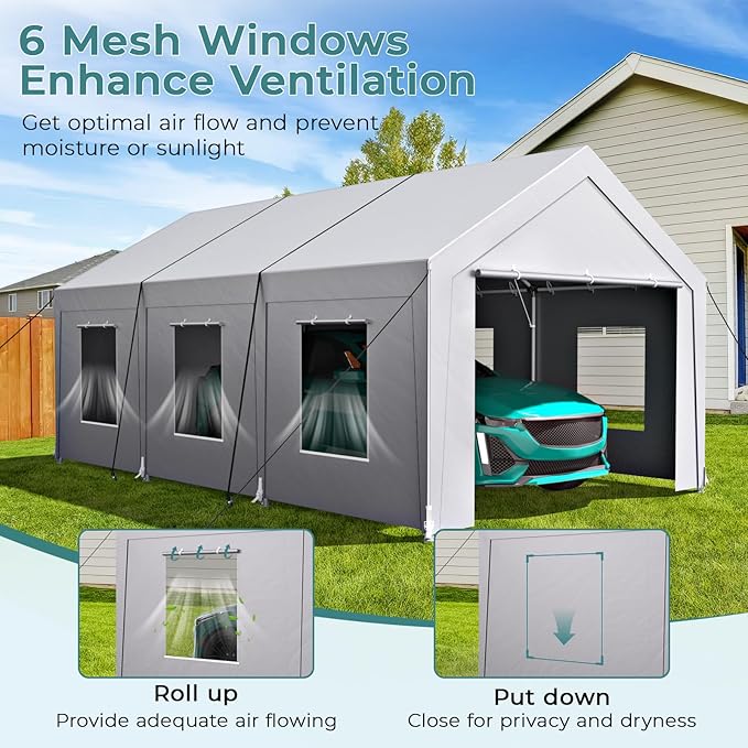 Carport 12x20 ft Heavy Duty, Car Port with Reinforced Steel Frame and 6 Roll-up Windows, Portable Garage with Sturdy Ground Nails, Waterproof All-Season Car Canopy for Boat, Truck, Grey