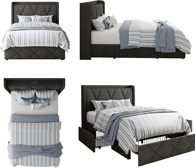 Twin Bed Frame with 4 Storage Drawers, Upholstered Platform Bed with Charging Station, Modern Wingback Storage Headboard, Easy Assembly,Noise-Free, Dark Gray