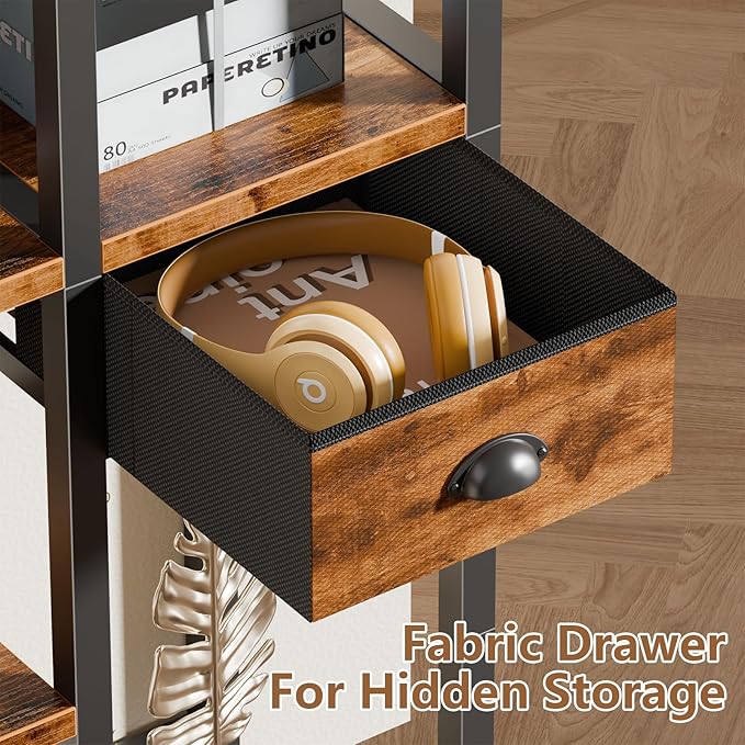 Furologee 6-Tier Bookshelf with Charging Station, Double Display Shelf with Drawer, Tall Freestanding Bookcase, Metal Open Book Shelf for Living Room, Bedroom, Home Office, Rustic Brown