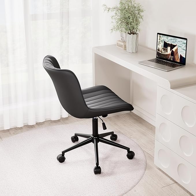 YOUNIKE Black Compact Home Office Desk Chair with Wheels Comfy Armless Cute Vanity Chair with Adjustable Rocking Back Modern Leather Upholstered Rolling Swivel Small Task Drafting Sewing Chair