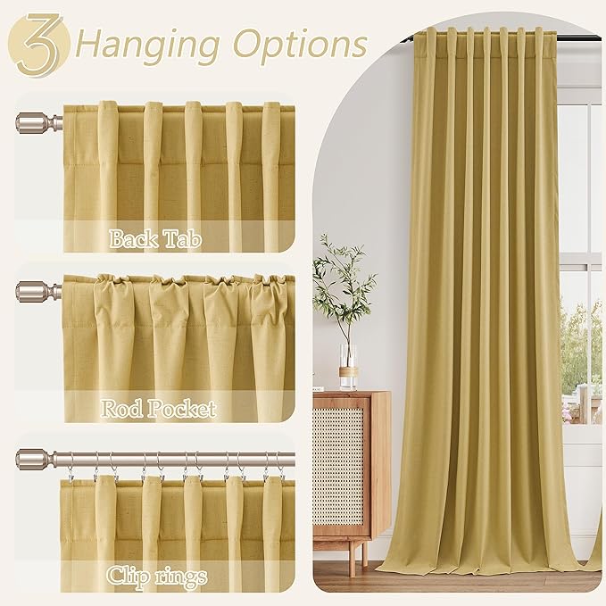 Guken Blackout Curtains 96 Inch Length 2 Panels Set for Living Room Bedroom Back Tab Thermal Insulated 100% Black Out Linen Drapes Room Darkening Window Curtains 96 Inches Long,Gold