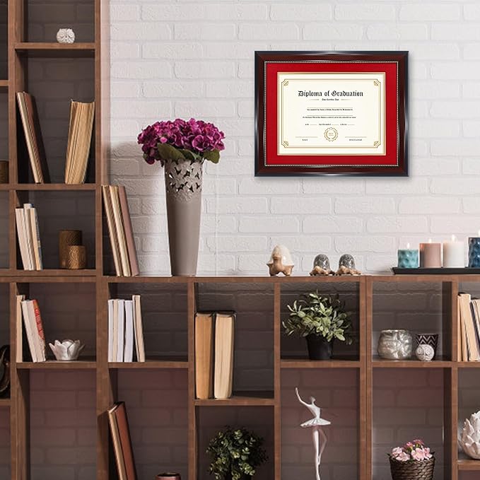 GraduatePro 8.5x11 Diploma Frame with Red Over Gold Mat or Display 11x14 Document Without Mat, CPA License Frame, UV Protection Acrylic, Mahogany with Gold Beads