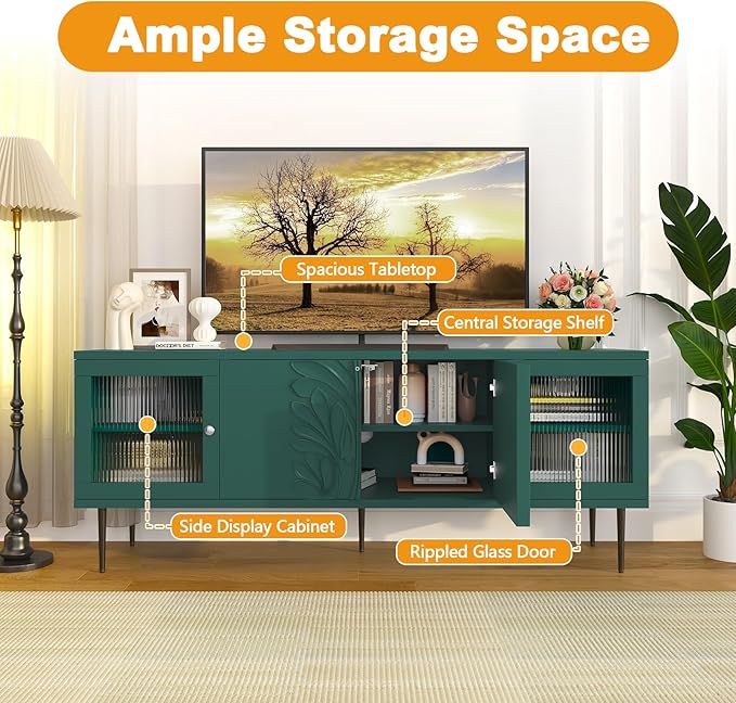 TV Stand for TVs up to 75 Inches, Mid Century Modern Entertainment Center with 3D Flower Pattern, Wood Media Console with 2 Fluted Glass Doors, Storage Cabinet for Living Room, Green
