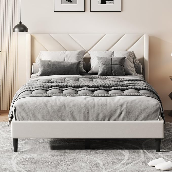Casaottima Queen Bed Frame Upholstered Platform Bed with Wingback Headboard, Sturdy Wooden Slats Support, Noise-Free Mattress Foundation, No Box Spring Needed, Easy Assembly, Arrow Pattern Cream White
