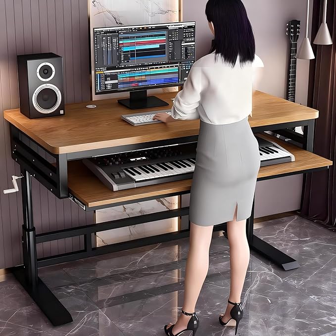 Studio Desk with Keyboard Tray | Hand-Crank Adjustable Standing Desk Workstation for Music Production, Cable Management, MIDI Keyboard Shelf (Black, 55In)