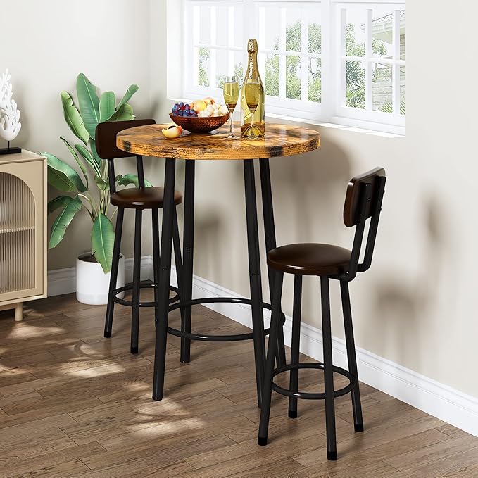 Recaceik 3 Piece Pub Dining Set, Modern Round bar Table and Stools for 2 Kitchen Counter Height Wood Top Bistro Easy Assemble for Breakfast Nook Living Room Small Space Restaurant, Rustic Brown 23.6"
