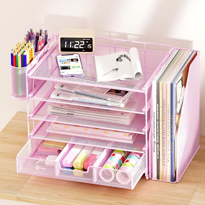 Desk Organizers and Accessories with File Holder, 5-Tier Office Desk Accessories & Workspace Desktop Organizer with Drawer and 2 Pen Holder, File Paper Organizer for Office Supplies(Pink)