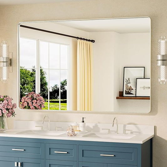 TETOTE 55 x 36 Inch Brushed Nickel Mirror Metal Framed Bathroom Mirror, Tempered Glass, Modern Farmhouse Wall Mounted Mirror for Decorative(Horizontal/Vertical)