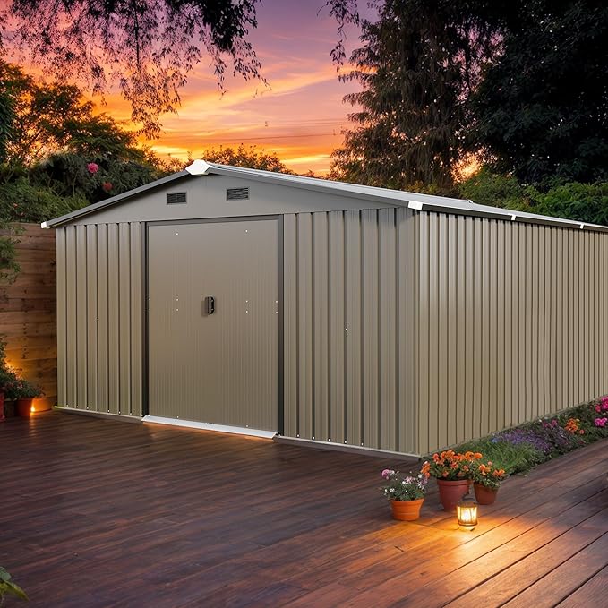 12 x 10 FT Outdoor Storage Shed, Metal Garden Tool Shed with Slooping Roof, Lockable Doors, All-Weather Bike Shed Easy to Assemble for Backyard, Patio, Lawn, Brown