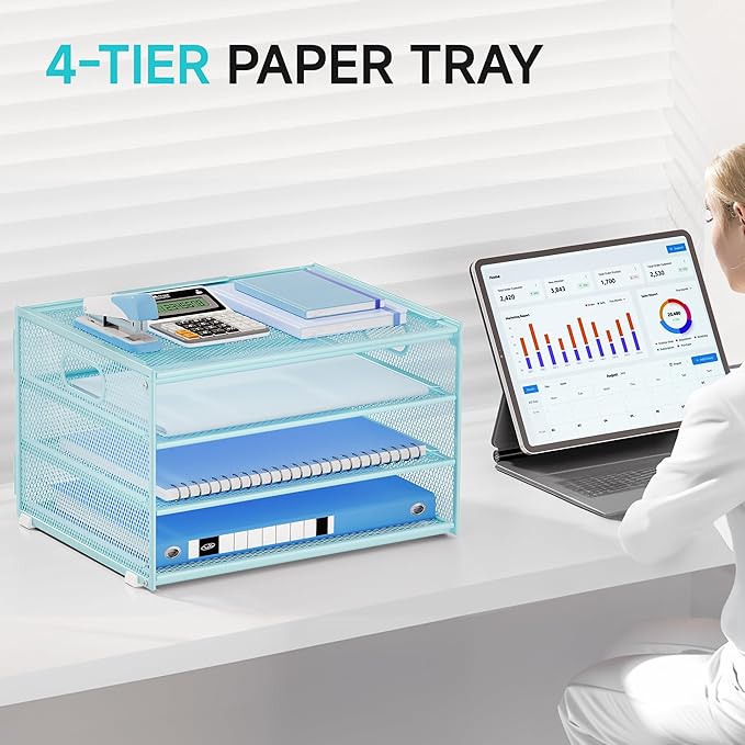 Lavatino 3-Tier Letter Tray Desk Organizer, Mesh Metal Paper File Tray Organizer for Desk, Office Supplies & Home Organization, Fits A4 Paper, Mail, Magazines & Office Accessories (Blue with Handle)