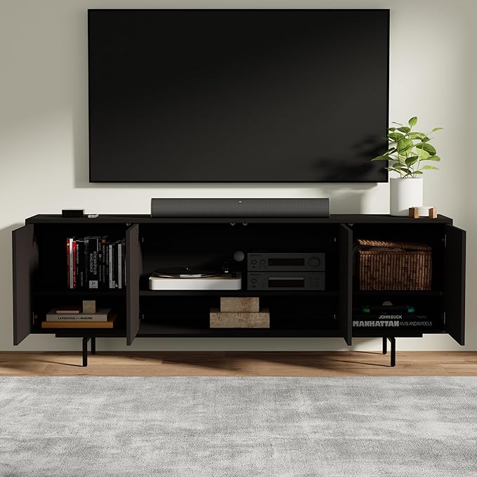 Norrhaus 75" x 26" 4-Door TV Stand in Black - Modern TV Console Made from Quality Engineered Hardwood with Water Resistant Melamine Veneer - No Tools Frame Assembly