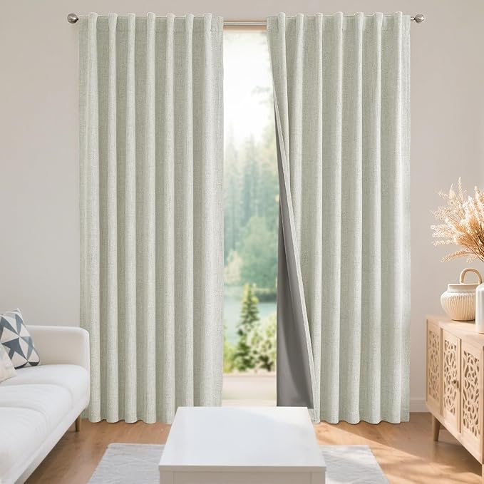 Joydeco 100% Blackout Curtains for Bedroom - Natural Linen Curtains 37" W x 90" L Long, Thermal Insulated 2 Panels Light Beige. Room Darkening Light Blocking Drapes for Living Room