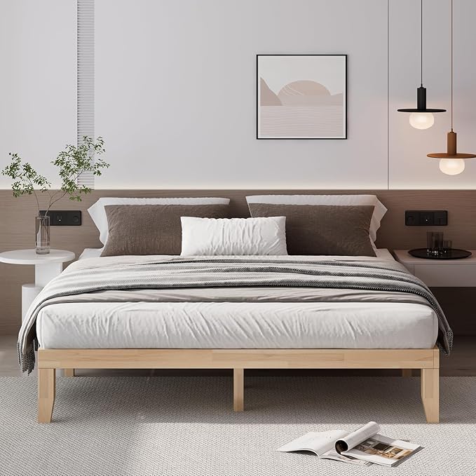 Giantex King Wood Platform Bed Frame, 14 Inch Solid Rubber Wood Mattress Foundation, Heavy Duty Wooden Slats Support, No Box Spring Needed, Easy Assembly, Natural