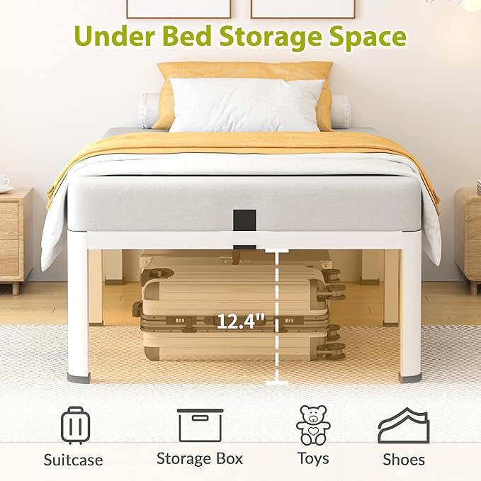 14 Inch Twin Bed Frame, Metal Platform Bed Frame with Round Corner Legs, 3500 lbs Heavy Duty Steel Slats Support, No Box Spring Needed, Noise Free, Easy Assembly, White