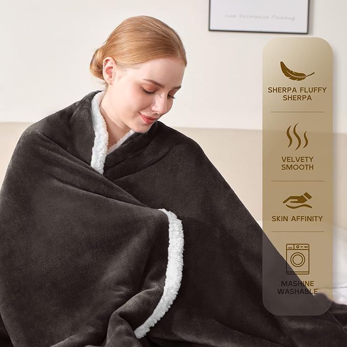 BEAUTEX Sherpa Fleece Throw Blankets, Soft Fluffy Flannel Plush Blanket and Throw, Fuzzy Cozy Coffee Cuddle Blankets for Couch Bed Sofa Adults (50" x 60", Coffee)