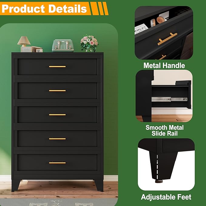 Metal Dresser Tall Black Dresser for Bedroom Chest,53.54" H Drawer Chest, Closet Dressers & Chests of Drawers for Living Room, Hallway (5 Drawers)