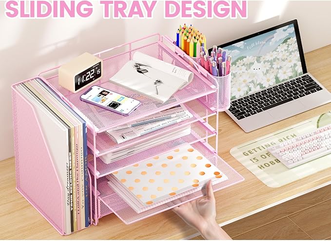 Desk Organizers and Accessories with File Holder, 5-Tier Office Desk Accessories & Workspace Desktop Organizer with Drawer and 2 Pen Holder, File Paper Organizer for Office Supplies(Pink)