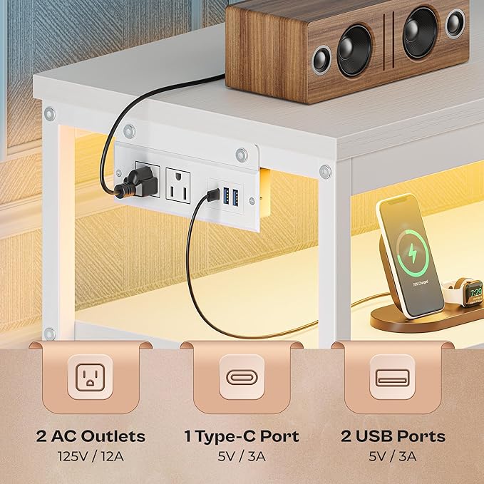 Huuger LED TV Stand for Bedroom, 47 Inch Dresser TV Stand for 43, 50, 55 Inch TV, White TV Stand with Storage, Entertainment Center with Power Outlets, 6 Drawer Fabric Dresser for Living Room