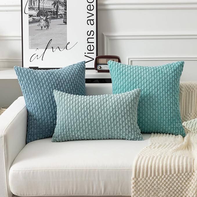 Kevin Textile Throw Pillow Covers Soft Corduroy Decorative Set of 2 Boho Striped Pillow Covers Pillowcases Farmhouse Home Decor for Couch Bed Sofa Living Room 18x18 Inch Aqua Green
