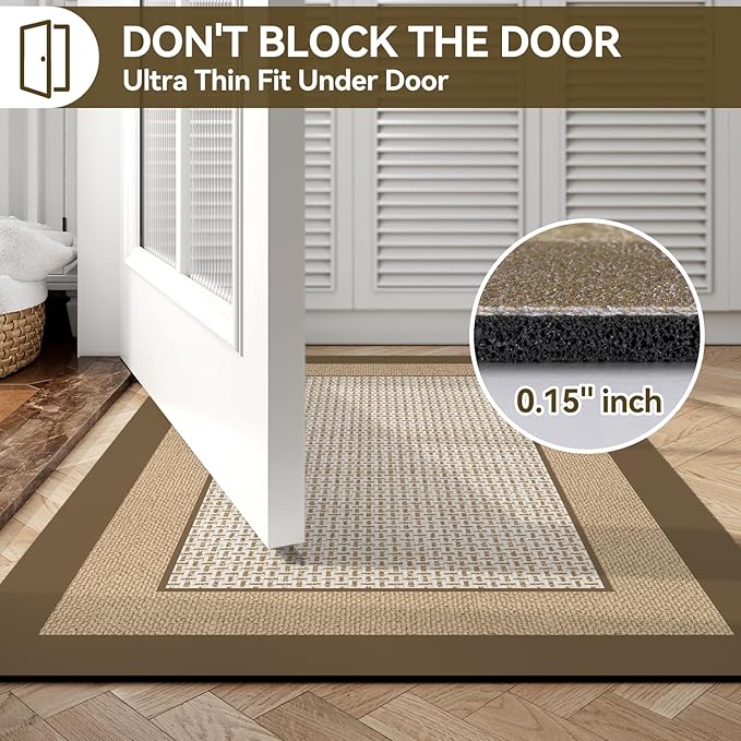 Non Slip Thin Bath Mat Bathroom Rugs, Rubber Backing Ultra Thin Bathroom Rug Fit Under Door, Quick Dry Super Absorbent Washable Shower Bath Mats, Khaki 24x36