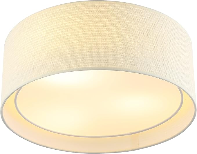 WINGBO 15.7" Modern 3-Light Flush Mount Ceiling Light Fixture with Fabric & Acrylic Double Drum Shade for Bedroom Living Room Dining Room Hallway Entryway, Beige