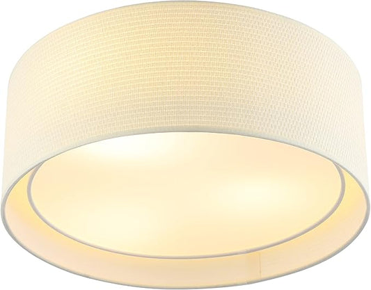 WINGBO 15.7" Modern 3-Light Flush Mount Ceiling Light Fixture with Fabric & Acrylic Double Drum Shade for Bedroom Living Room Dining Room Hallway Entryway, Beige