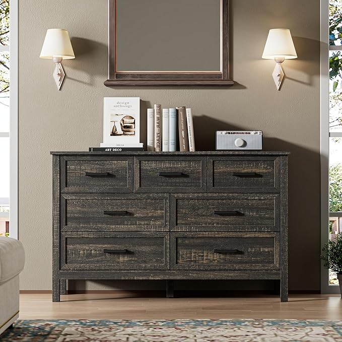 LYNSOM Farmhouse 7 Drawers Dresser for Bedroom, Wood Rustic Wide Chest of Drawers with Deep Drawers, Metal Handle, Storage Dressers Organizer for Entryway, Hallway, Dark Rustic Oak