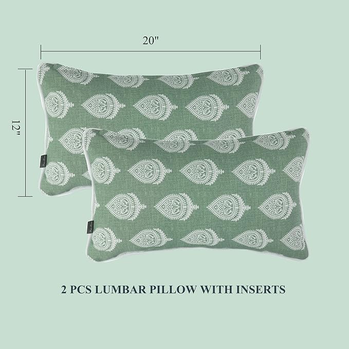 FUNHOME Set of 2 Patio Lumbar Pillows with Insert, 12”x20” Water-Repellent Outdoor Lumbar Pillow, Decorative Garden All Weather Lumbar Cushions for Home Patio Coach Sofa Use-Fair Green