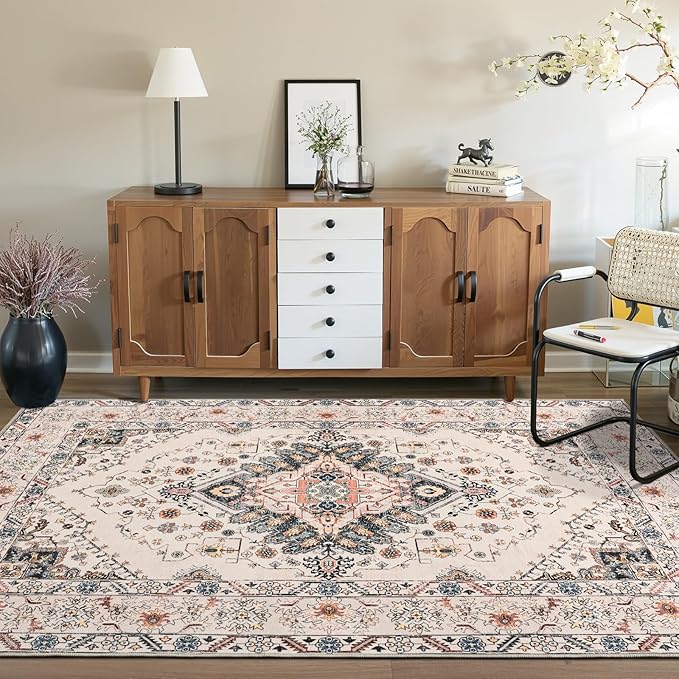 Vintage Area Rug 5x8 Rugs, Machine Washable Vintage Area Rug Non-Slip Low Pile Large Rug for Living Room, Bedroom, Farmhouse, Dining Room, Beige