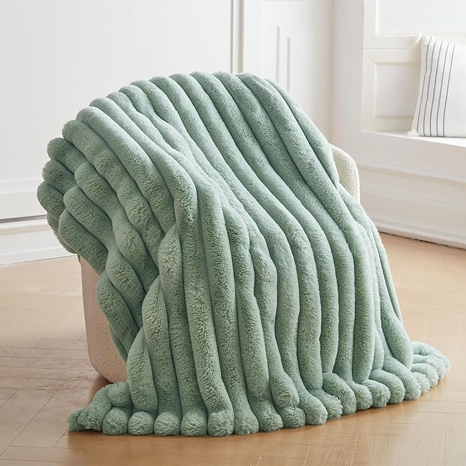 Faux Fur Throw Blanket for Couch, Cozy Warm Plush Striped Blanket for Sofa Bedroom Living Room, 50x60 Inches Sage Green