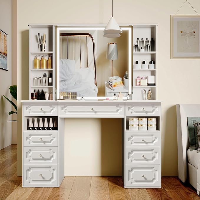 White Vanity Desk with Lighted Mirror, 47” Large Makeup Vanity with Drawers, 9 Drawer Dressing Table with Mirror, Elegant Make up Desk Adult Vanity for Bedroom