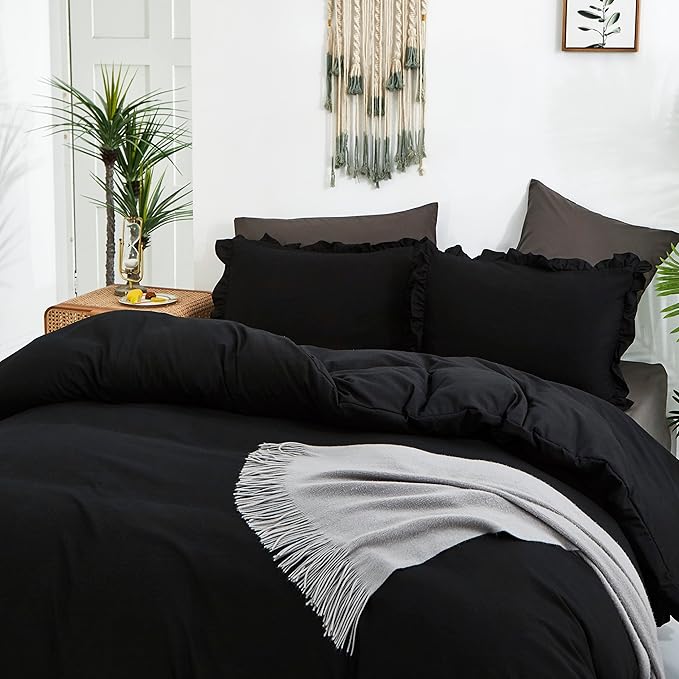 CLOTHKNOW Black Ruffles Full Size Comforter Sets Farmhouse Bedding Comforter Sets Soft Shabby Chic Comforters Black Comforter with 2 x Pillow Cases
