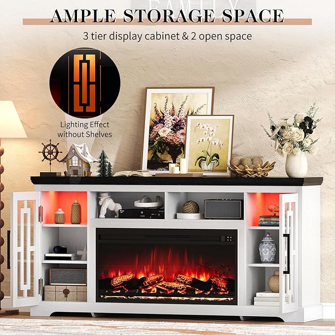 70" Farmhouse Large Fireplace TV Stand for 80 Inch TV, LED Media Entertainment Center with 37" Fireplace, Rustic TV Console Storage Cabinet with Adjustable Shelf for Living Room, Antique White