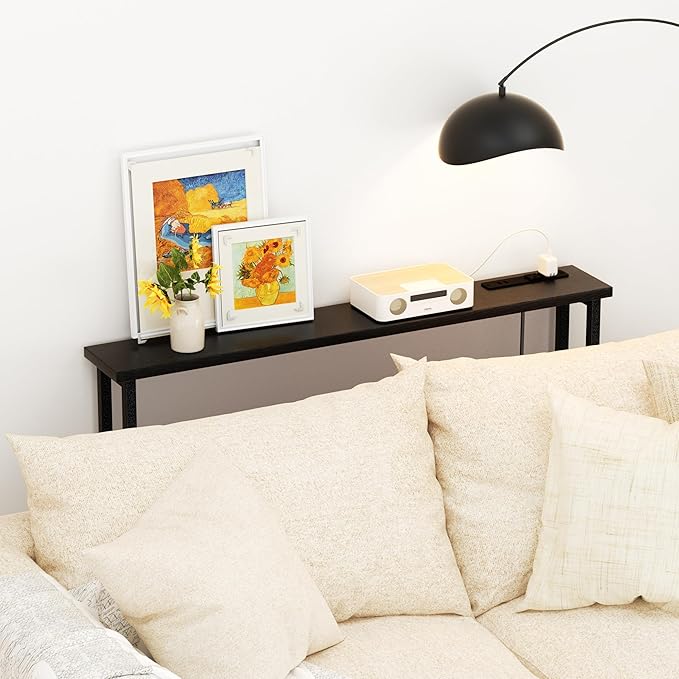 GRLEAF 39" Narrow Console Sofa Table with Built-in Power Strip (4 AC Outlets & 4 USB Ports) – 4.9ft Power Cord, Metal Frame, Easy Assembly, Ideal for Behind Couch, Hallway, and Home Office | Black