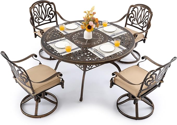 5 Piece Outdoor Dining Set Cast Aluminum, Retro Patio Dining Furniture Set for 4 Includes 54’’ Round Table 4 Swivel Chairs with Thicker Cushion and Umbrella Hole for Patio Deck Garden